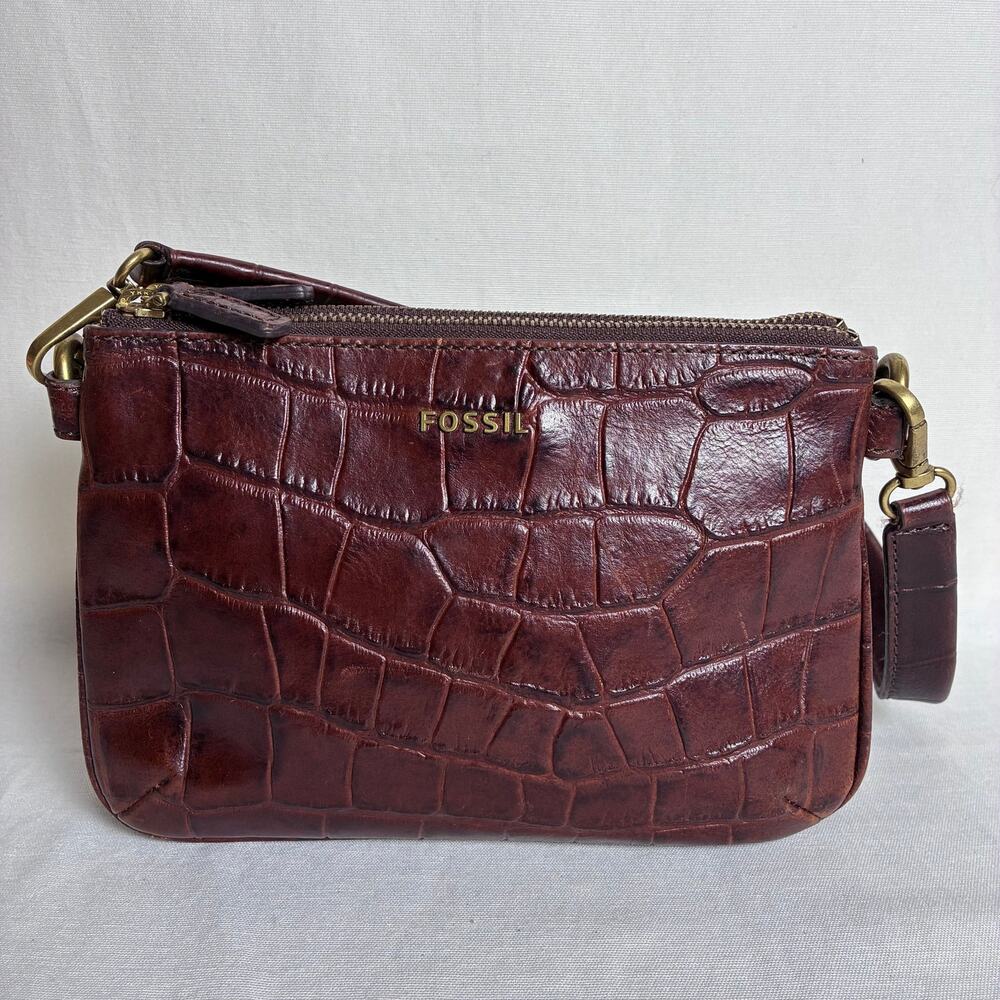 Fossil Dark Brown Crocodile Embossed Leather Convertible Shoulder Bag Clutch